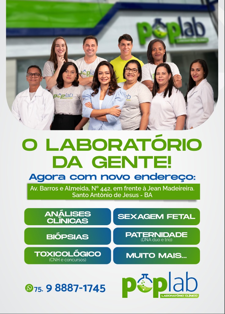 Equipe do Laboratório PopLab em frente ao estabelecimento, mostrando profissionais qualificados vestindo uniformes brancos e camisetas do laboratório