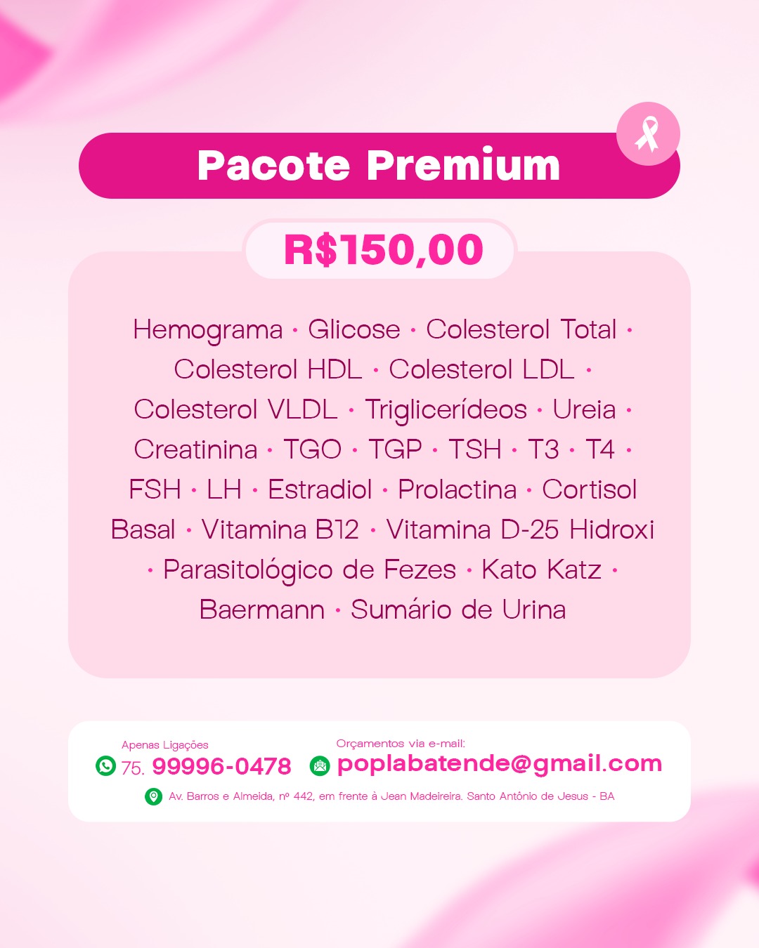 Pacote Premium de exames laboratoriais por R$150,00 incluindo hemograma, glicose, colesterol, hormônios e outros exames essenciais