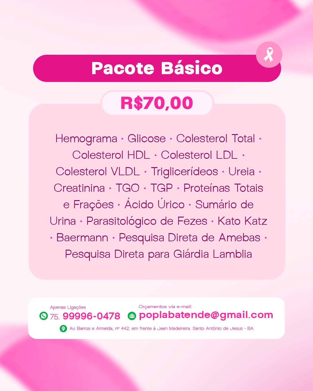 Pacote Básico de exames laboratoriais por R$70,00 incluindo hemograma, glicose, colesterol, ureia, creatinina e outros exames fundamentais